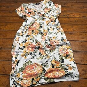 Ups & Downs Womens‎ 2X Floral Faux Wrap Dress Orange Yellow Short Sleeve Midi